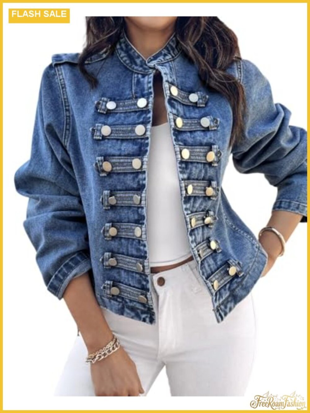 Women's Military Denim Jacket Long Sleeve Cotton Blend Jean Jacket
